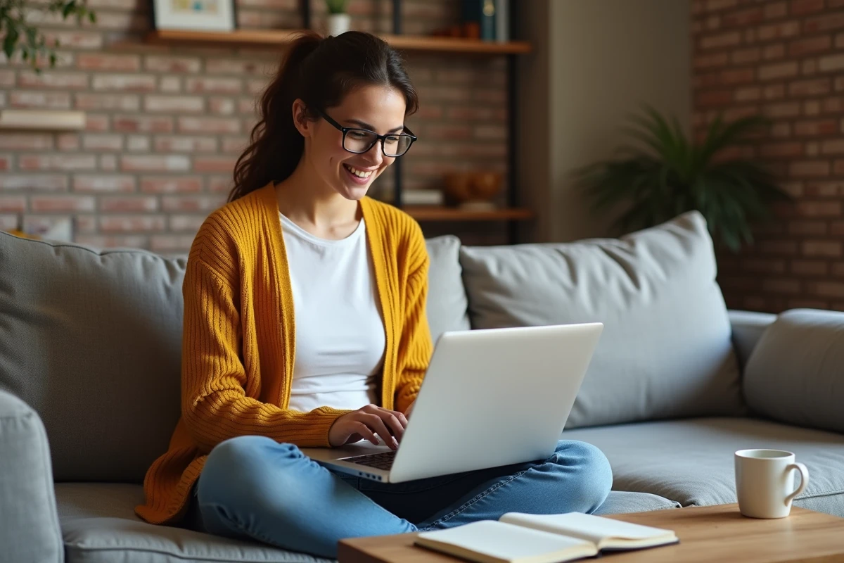 Jeune femme souriante apprenant à créer son site Wiz depuis son canapé avec un ordinateur portable