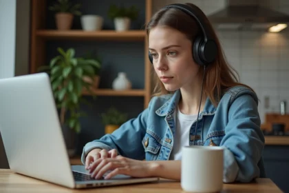 Jeune femme en denim et headphones télécharge une vidéo