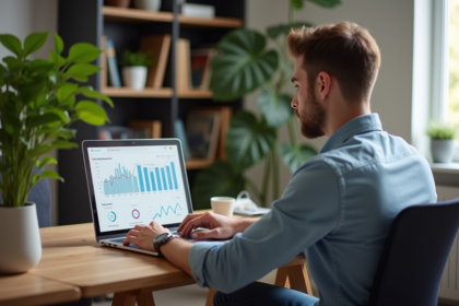 Jeune homme analysant des analytics sur un ordinateur portable