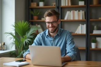Jeune homme concentré travaillant sur son ordinateur dans un bureau cosy