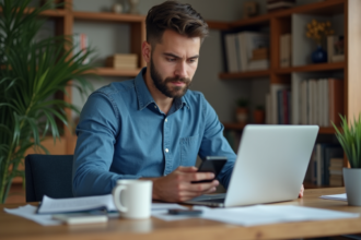 Jeune homme au bureau avec ordinateur et smartphone