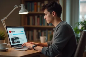 Jeune homme en casual travaillant sur son ordinateur dans un bureau cosy