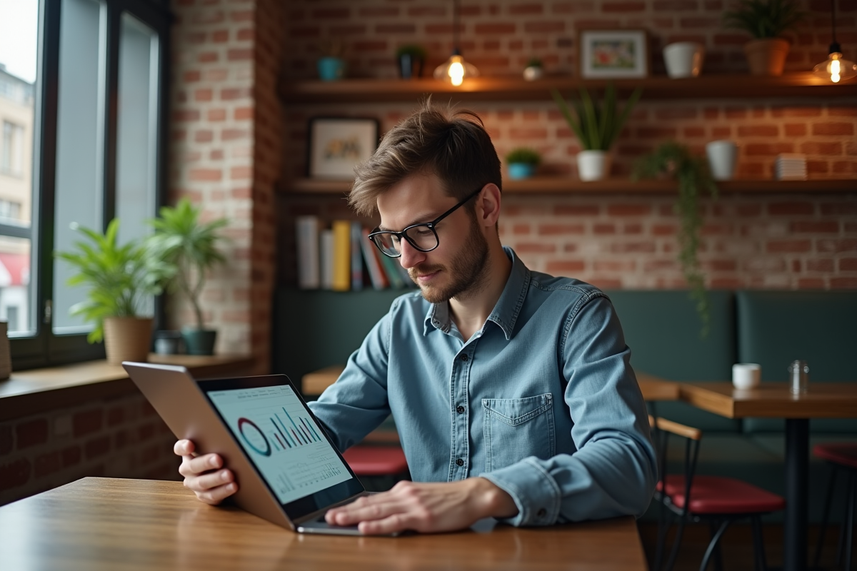Jeune homme analysant des graphiques sur une tablette dans un café cosy