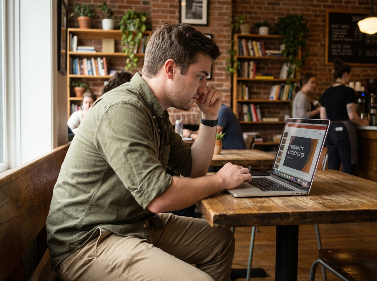 Jeune homme au café concentré sur son ordinateur portable