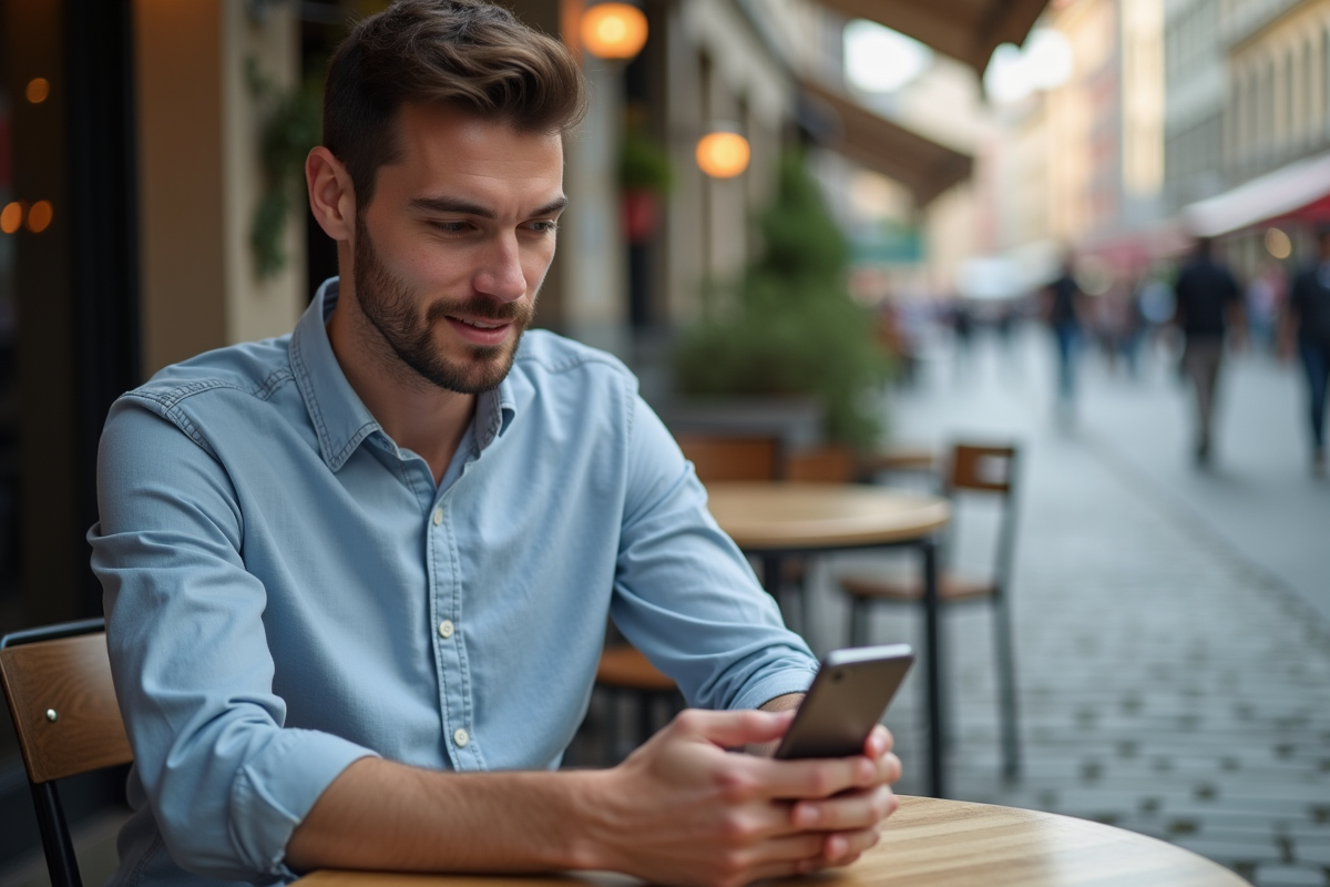 Jeune homme regardant son smartphone au café