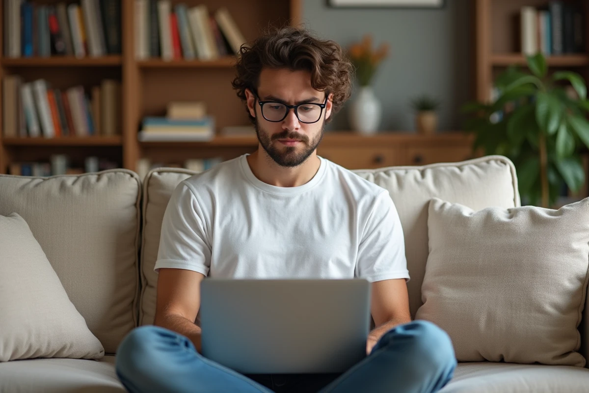 Jeune homme configurant un service webmail depuis son canapé avec un ordinateur portable