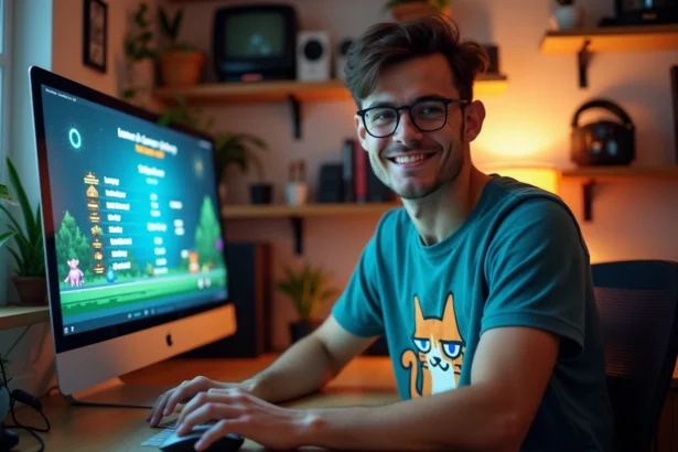 Jeune homme curieux devant un ordinateur avec décor vintage