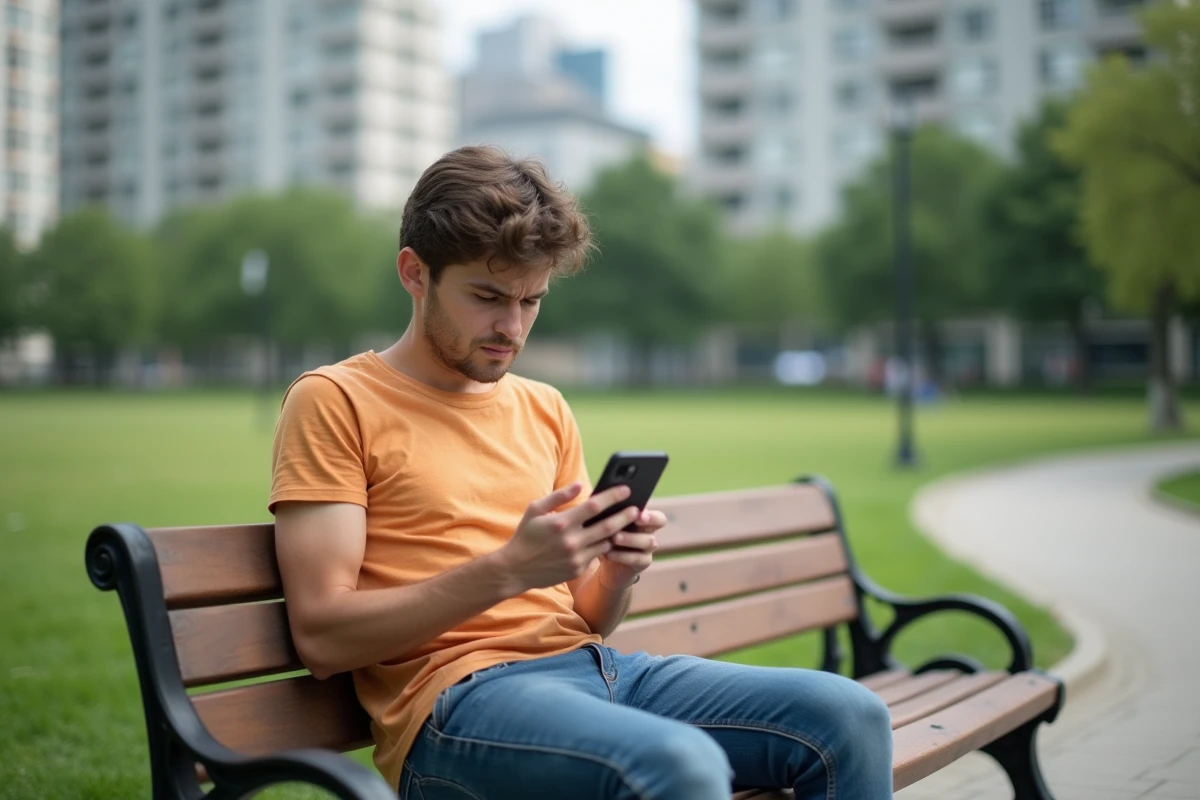 Jeune homme fâché regardant son smartphone dans un parc