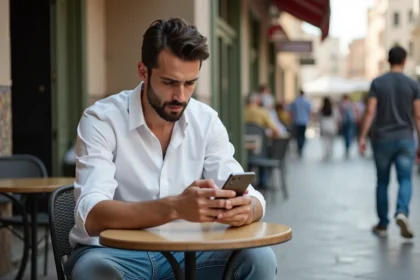 Jeune homme avec smartphone dans un café marocain