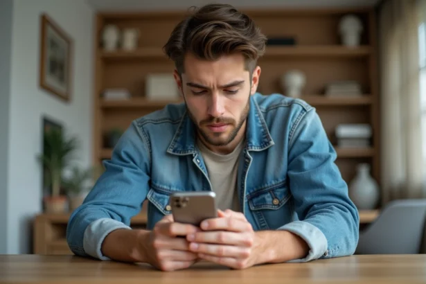 Jeune homme inspectant un smartphone reconditionne avec attention