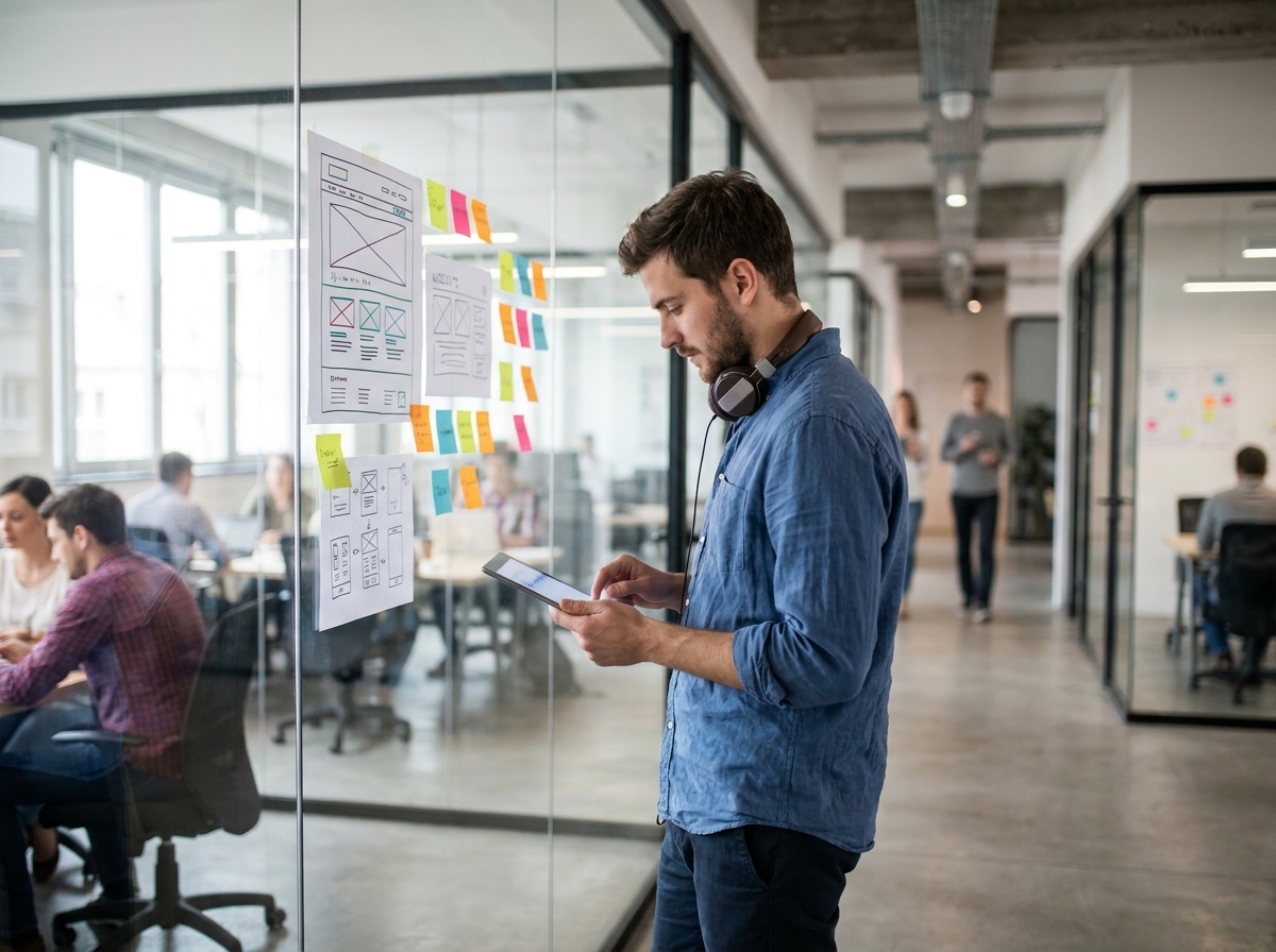 Jeune homme utilisant une tablette dans espace de coworking