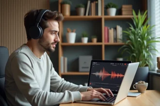 Jeune homme avec casque utilisant un ordinateur pour conversion YouTube MP3
