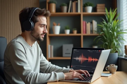 Jeune homme avec casque utilisant un ordinateur pour conversion YouTube MP3