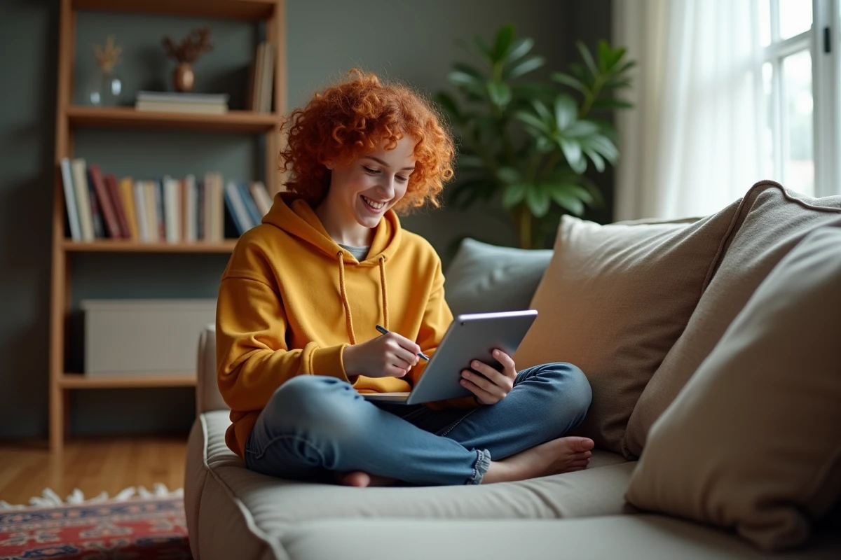 Jeune personne naviguant sur un site web compatible via une tablette dans un salon confortable