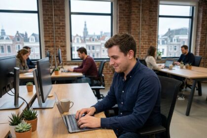 Jeune homme professionnel en coworking moderne avec ordinateur