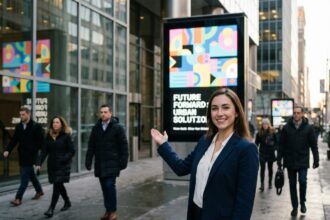 Jeune femme professionnelle devant un grand écran digital urbain