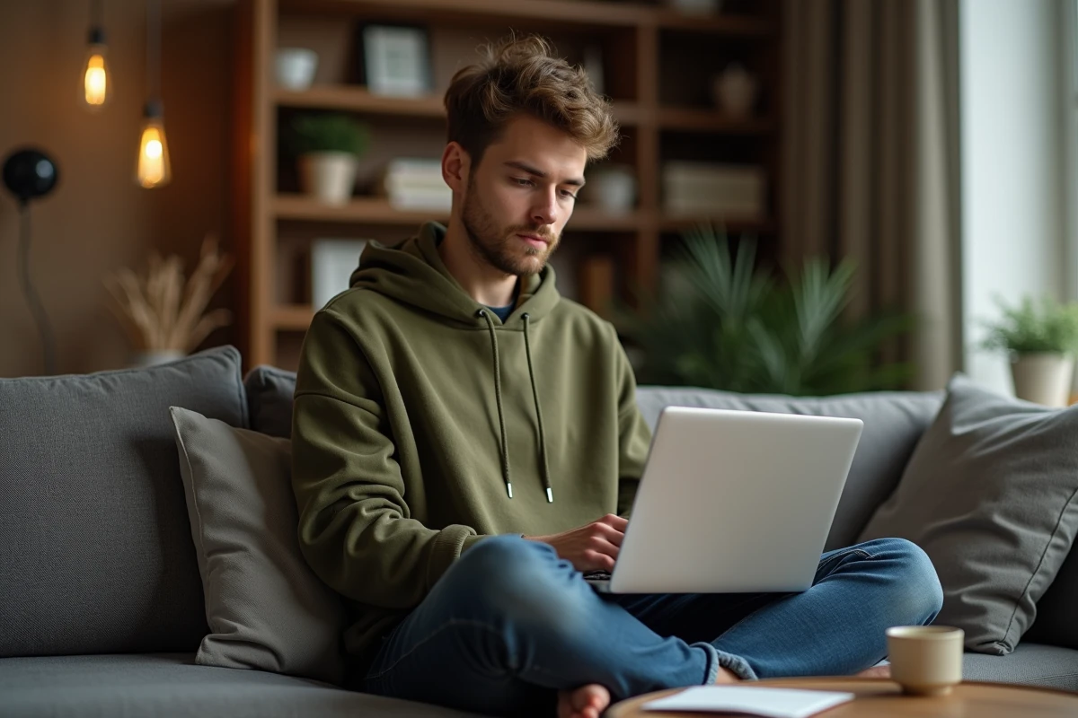 Jeune personne rédigeant un mail professionnel avec un calculateur de signes sur ordinateur portable depuis son canapé