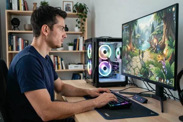 Joueur en train de tester les performances de sa RTX 5070 sur un écran 1440p en jeu vidéo