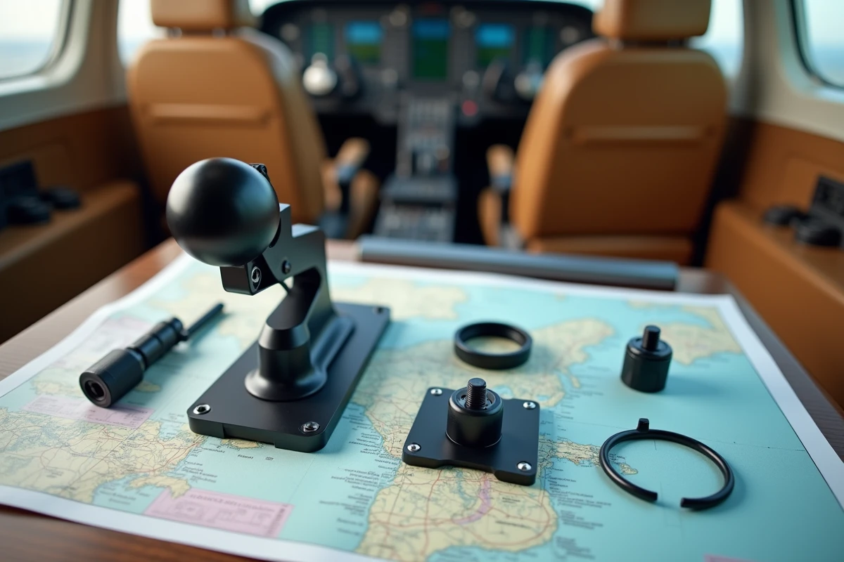 Composants d'un kit RAM Mount pour aviation disposés sur une carte aéronautique pour vérification avant vol