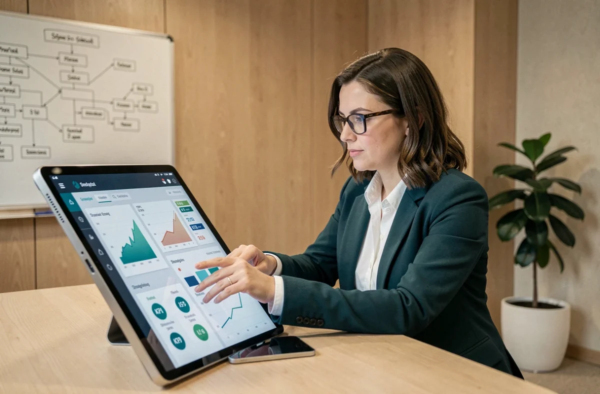 Consultante analysant un tableau de bord de diagnostic data et de stratégie IA pour l'agence Koïno