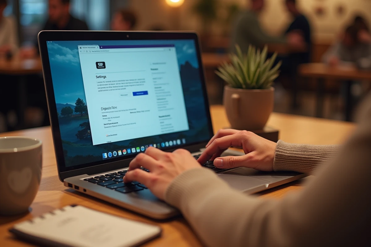 Mains configurant la liaison entre Games Prime et Twitch sur un ordinateur portable dans un café