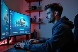 Jeune homme liant son compte Games Prime à Twitch sur un bureau gaming avec double écran