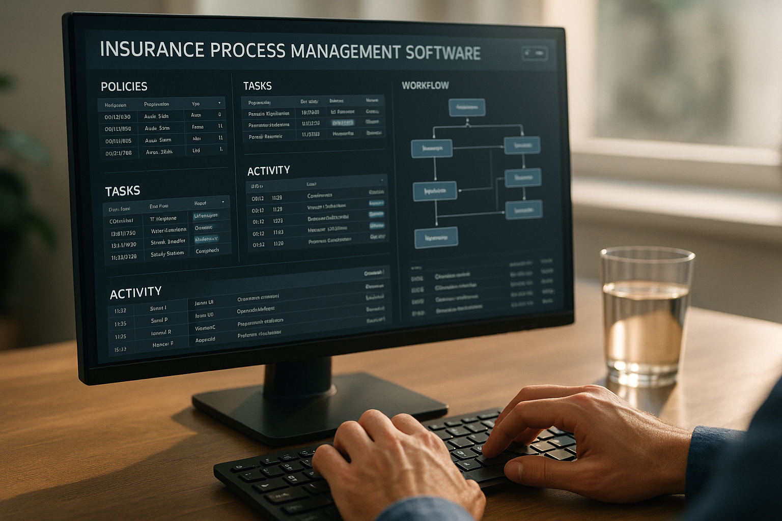 Main tapant sur un clavier avec logiciel de gestion d