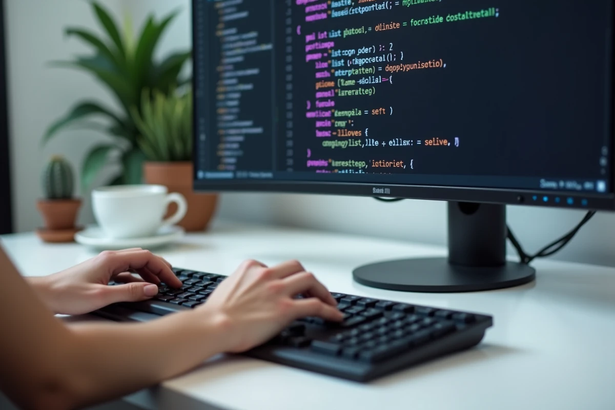 Gros plan sur les mains d'une développeuse tapant du code Python avec des copies de listes sur un clavier mécanique devant un écran sombre