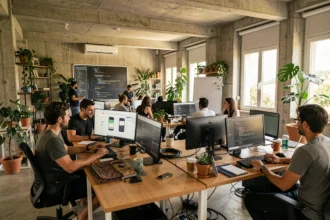 Équipe de développeurs travaillant dans un bureau moderne en Occitanie, illustrant le classement des meilleures agences de développement d'applications mobiles de la région