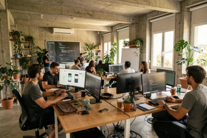 Équipe de développeurs travaillant dans un bureau moderne en Occitanie, illustrant le classement des meilleures agences de développement d'applications mobiles de la région