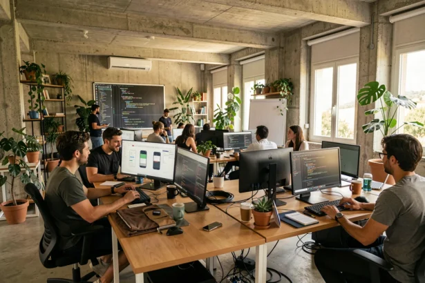Équipe de développeurs travaillant dans un bureau moderne en Occitanie, illustrant le classement des meilleures agences de développement d'applications mobiles de la région