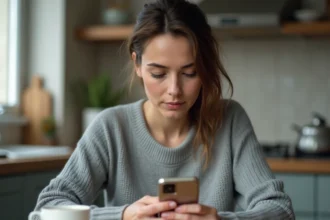 Femme consultant sa messagerie académique d'Amiens sur smartphone personnel depuis son domicile