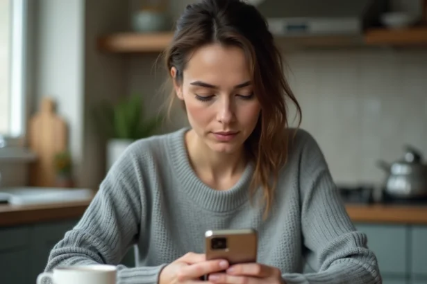 Femme consultant sa messagerie académique d'Amiens sur smartphone personnel depuis son domicile