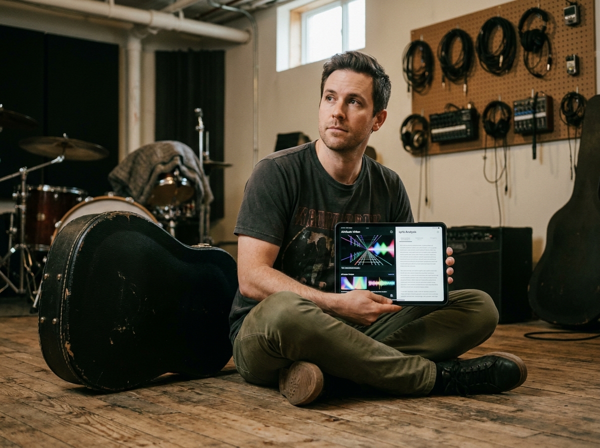 Musicien utilisant une tablette avec outil IA de création de clips musicaux assis sur le sol d'une salle de répétition