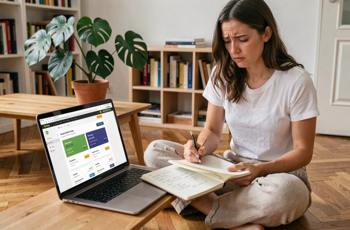 Musicienne comparant les prix des abonnements légaux à des logiciels MAO dans son appartement