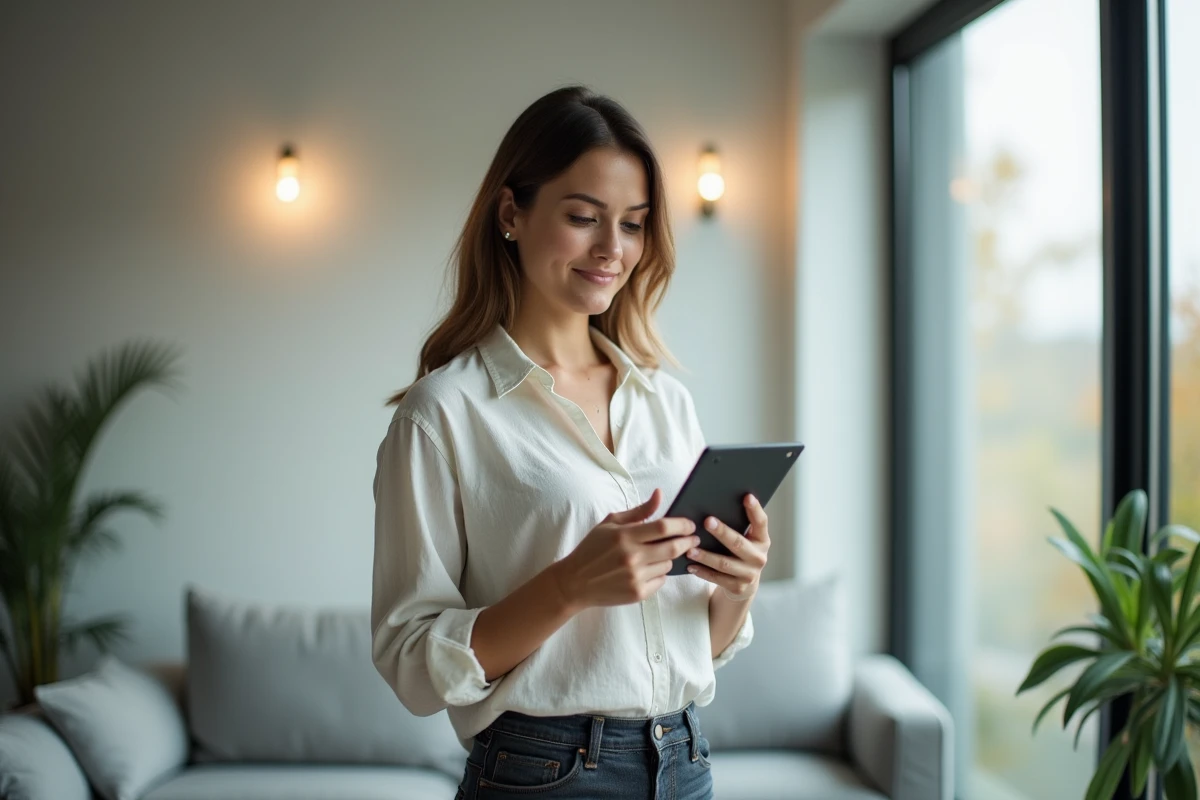 Femme parcourant un profil Instagram sur tablette près d'une fenêtre dans un appartement moderne
