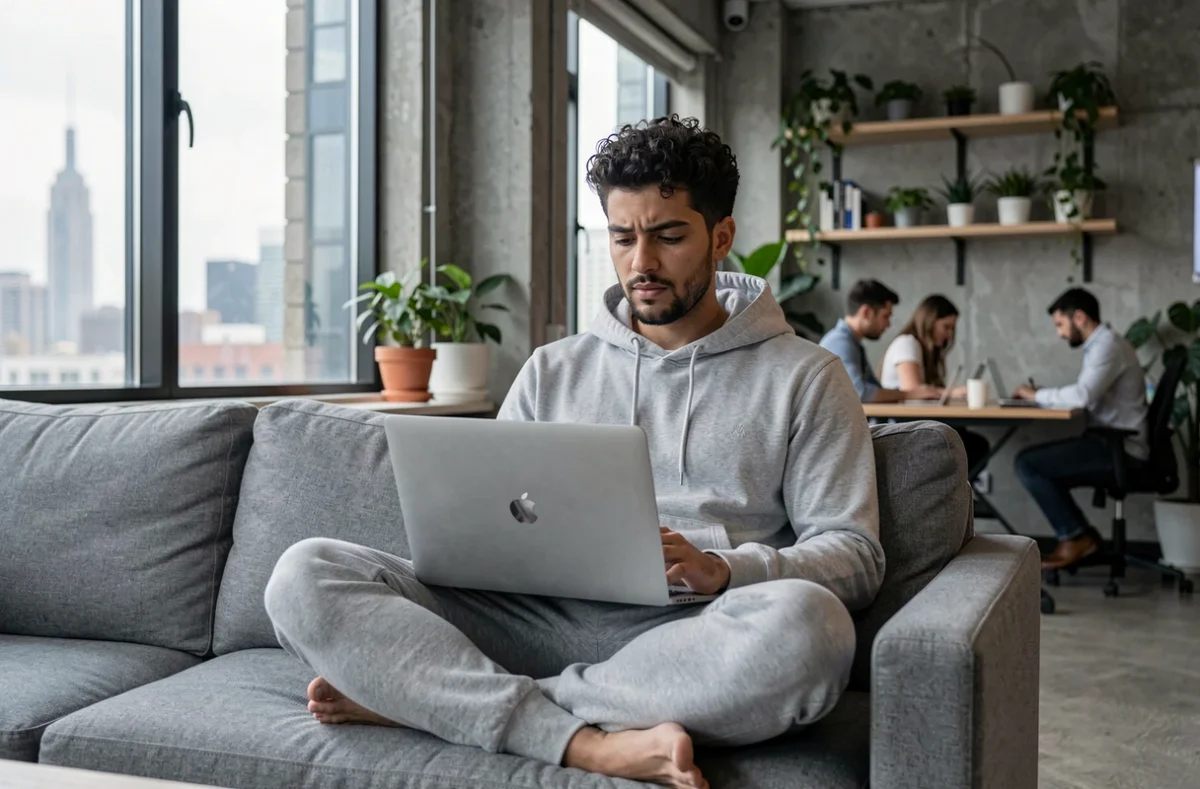Freelance masculin utilisant un MacBook Air M2 dans un espace de coworking moderne
