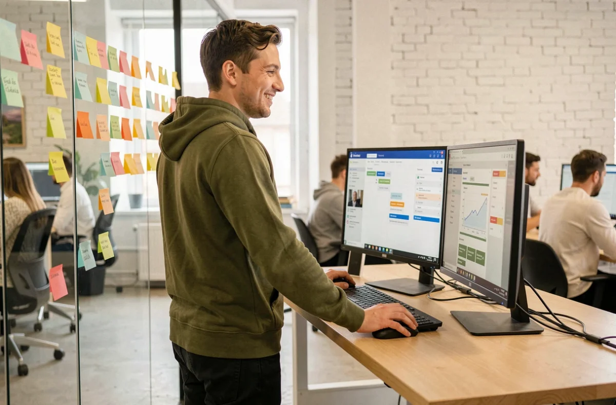 Développeur construisant une automatisation no-code sur interface visuelle dans un espace de coworking moderne pour l'agence Noqode