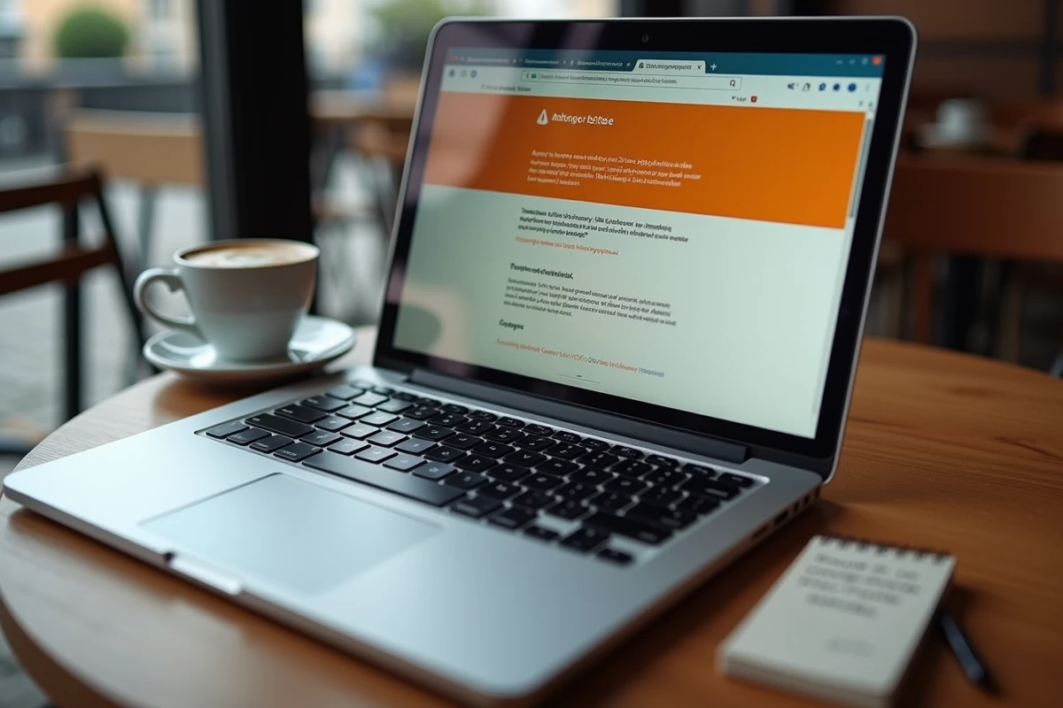 Ordinateur portable dans un café affichant un message d'annonce refusée et d'URL masquée avec des notes manuscrites