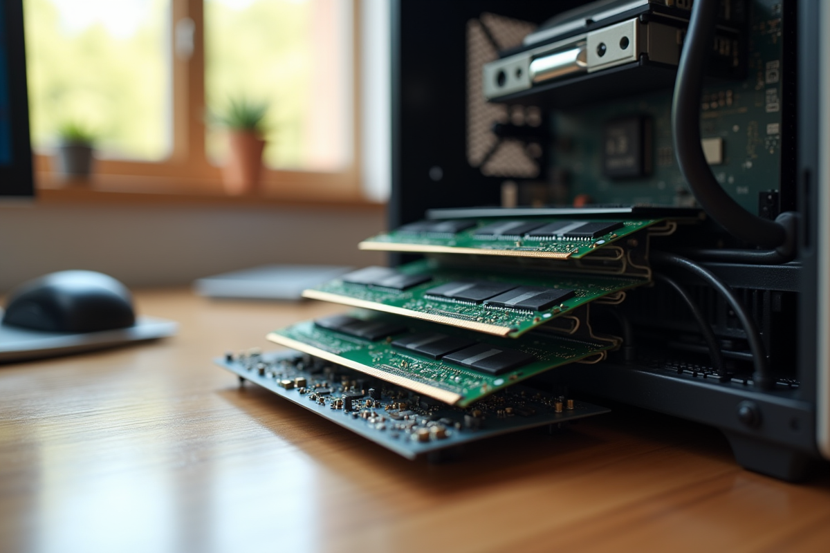 PC ouvert avec mémoire RAM installée sur bureau lumineux