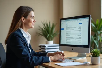 Femme professionnelle organisant ses dossiers de messagerie Mel ouvert sur un ordinateur de bureau dans un bureau administratif