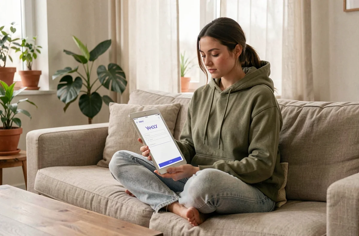Jeune femme configurant une adresse email secondaire Yahoo sur une tablette dans son salon