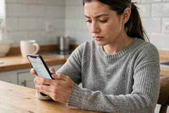 Femme paramétrant la messagerie Wibox sur smartphone Android dans une cuisine moderne