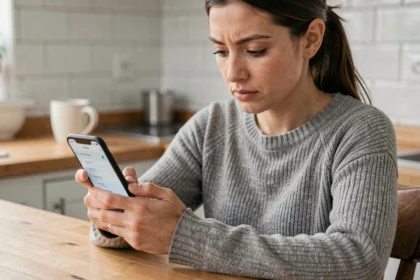 Femme paramétrant la messagerie Wibox sur smartphone Android dans une cuisine moderne