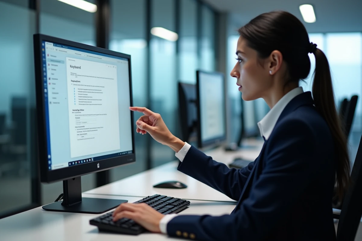 Femme en entreprise consultant les paramètres de clavier Windows 11 pour résoudre un problème de disposition inversée