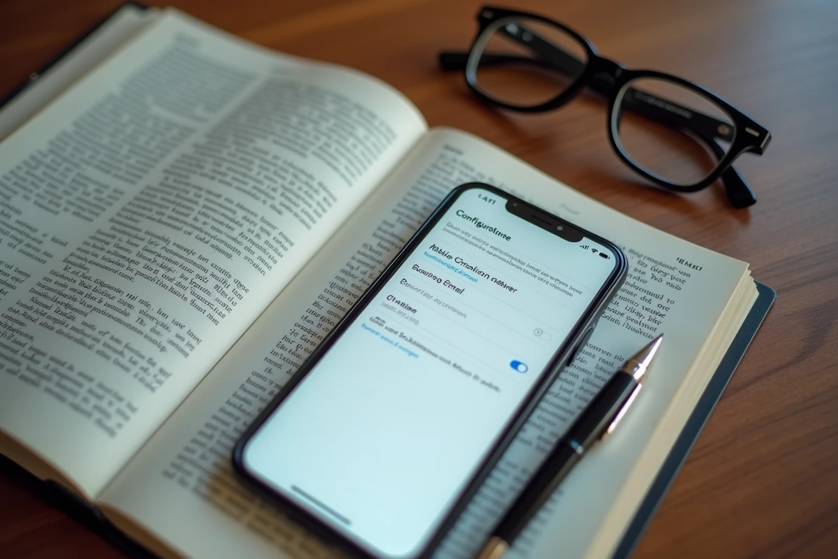 Vue de dessus d'un smartphone affichant les paramètres de configuration de la messagerie académique SOGo sur mobile