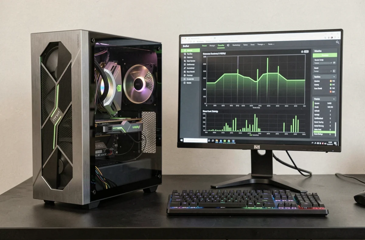 Tour gaming avec carte graphique RTX 5070 visible à travers le panneau vitré, affichant des résultats de benchmark 1440p