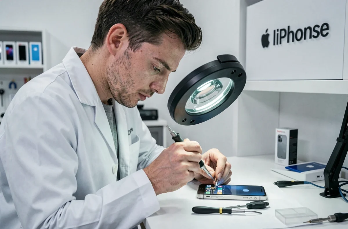 Spécialiste iPhone de Phone Clinic Mulhouse effectuant une micro-soudure