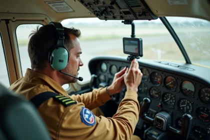 Pilote inspectant un support RAM Mount fixé sur le manche d'un cockpit de Cessna avant le vol