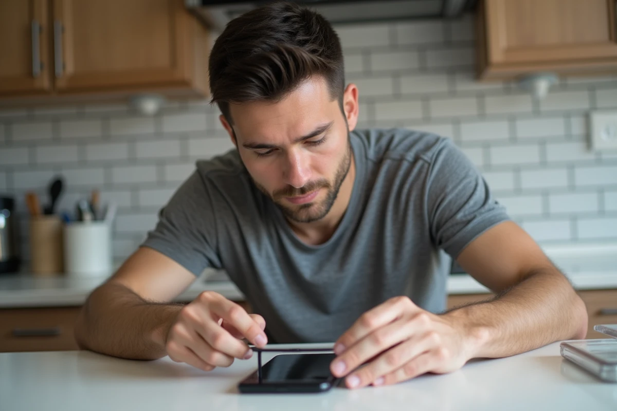 Homme appliquant un verre trempé sur son Google Pixel 6 à une table de cuisine blanche avec étui transparent et câble USB-C